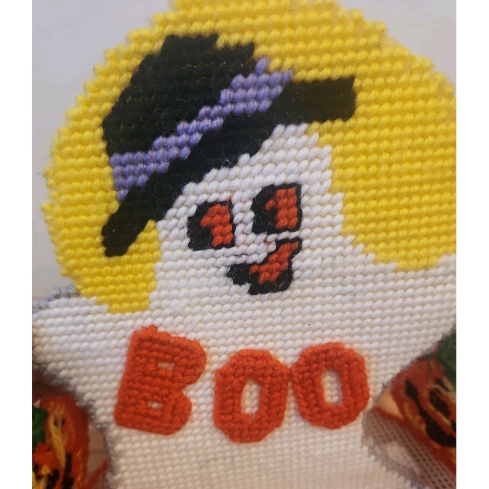 Vtg Bucilla Boo Basket Ghost Pumpkins Halloween Treat Dish Plastic Canvas Done - Picture 6 of 6